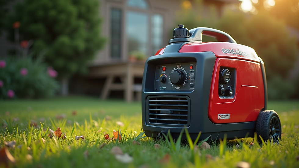 Eye-level view of a 50 amp portable generator in a backyard setting