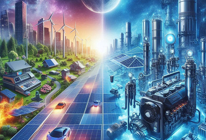 Illustration comparing solar and gas generators in 2025, showing clean renewable solar power on one side and traditional fuel