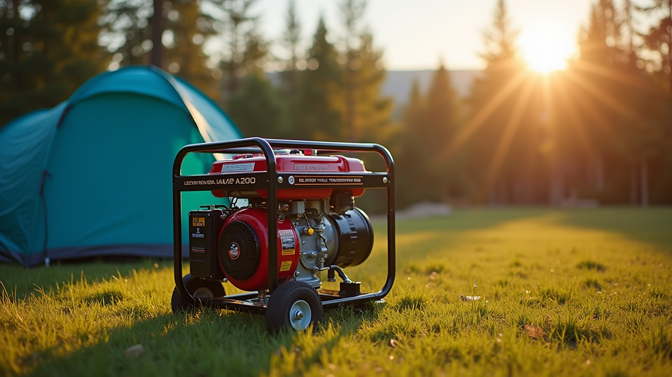 Eye-level view of a dual fuel generator on a grassy camping site