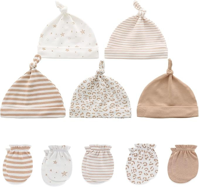 Baby Hats Mittens Set Cotton Beanie Caps and No Scratch Mitten Gloves for 0-6 Months
