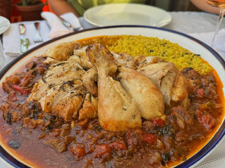 Rosemary Roast Chicken with Aubergine & Apricot Ragu and Saffron Fregola