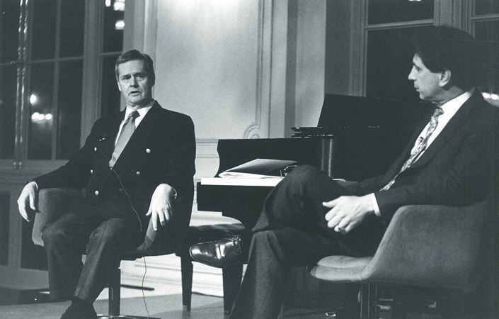 Photo : Ned Rorem et l’ancien compositeur en résidence du CSO, John Corigliano, lors d’une conversation pré-concert dans la salle de bal de l’Orchestra Hall, le 8 novembre 1990.