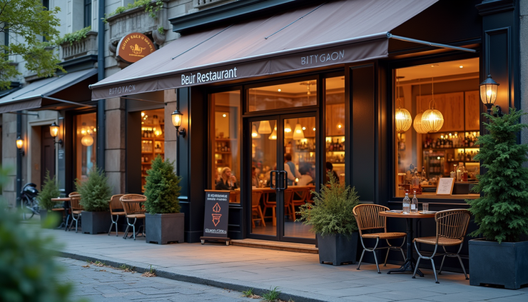 Eye-level view of a restaurant storefront with clear signage and outdoor seating