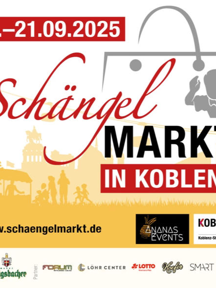 SchängelMarkt-Plakat mit Datum, Schriftzug „SchängelMarkt in Koblenz“ und Logos von Ananas Events und weiteren Partnern.