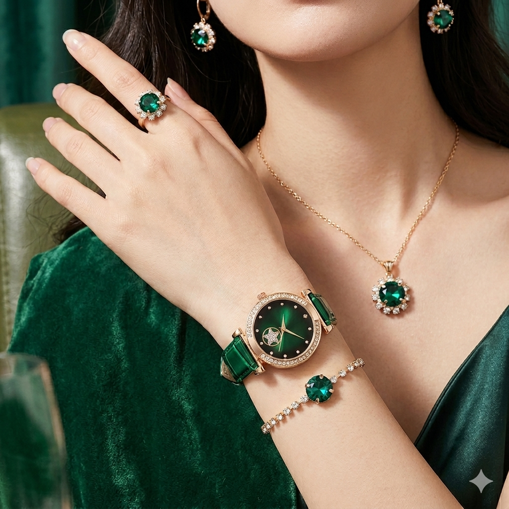 Piece Emerald and Gold Watch Set