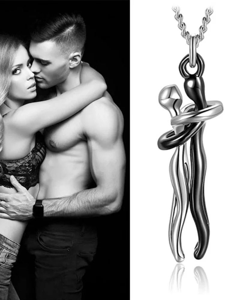 Thumbnail: Chic Black Hug Pendant Necklace for Couples - Elegant Love Symbol,Perfect for Pa