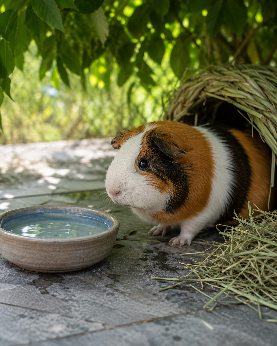 Meerschweinchen im Schatten mit einer Schale frischem Wasser