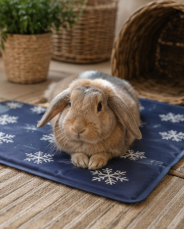 Kaninchen auf Kühlmatte im Sommer