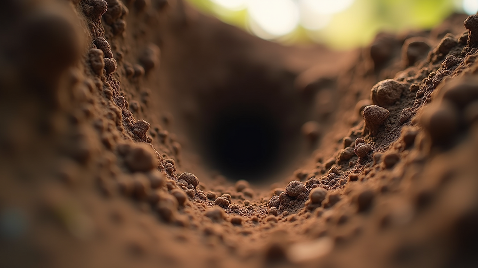 Close-up view of subterranean termite tunnels in soil