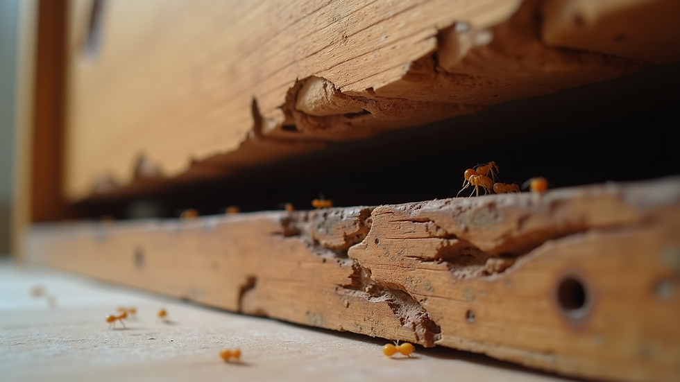 Eye-level view of drywood termite damage in wooden furniture