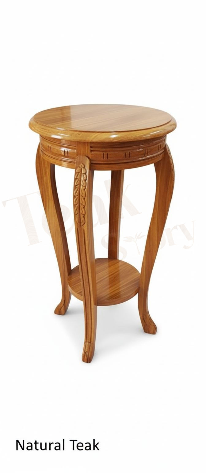 Hand-Carved Natural Teak Wood Round Side Table