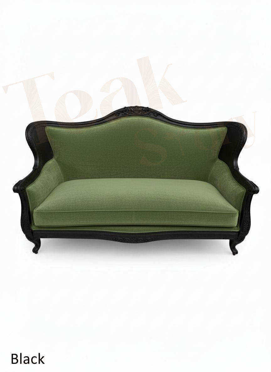 Thumbnail: Ornate Carved Teak Frame 2 Seater Sofa with Green Velvet Upholstery