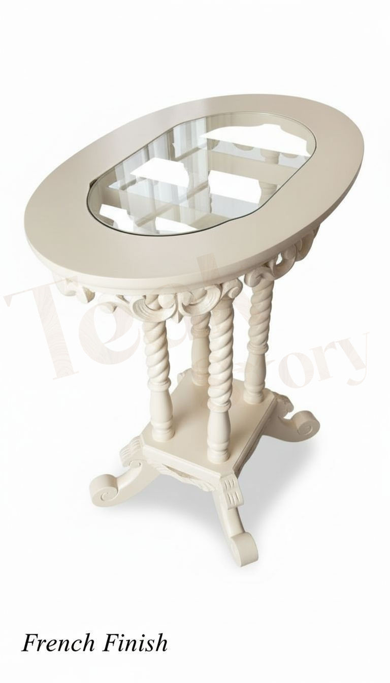 Thumbnail: Hand-Carved Solid Teak Wood Oval Coffee Table with Glass Top & Lower Shelf