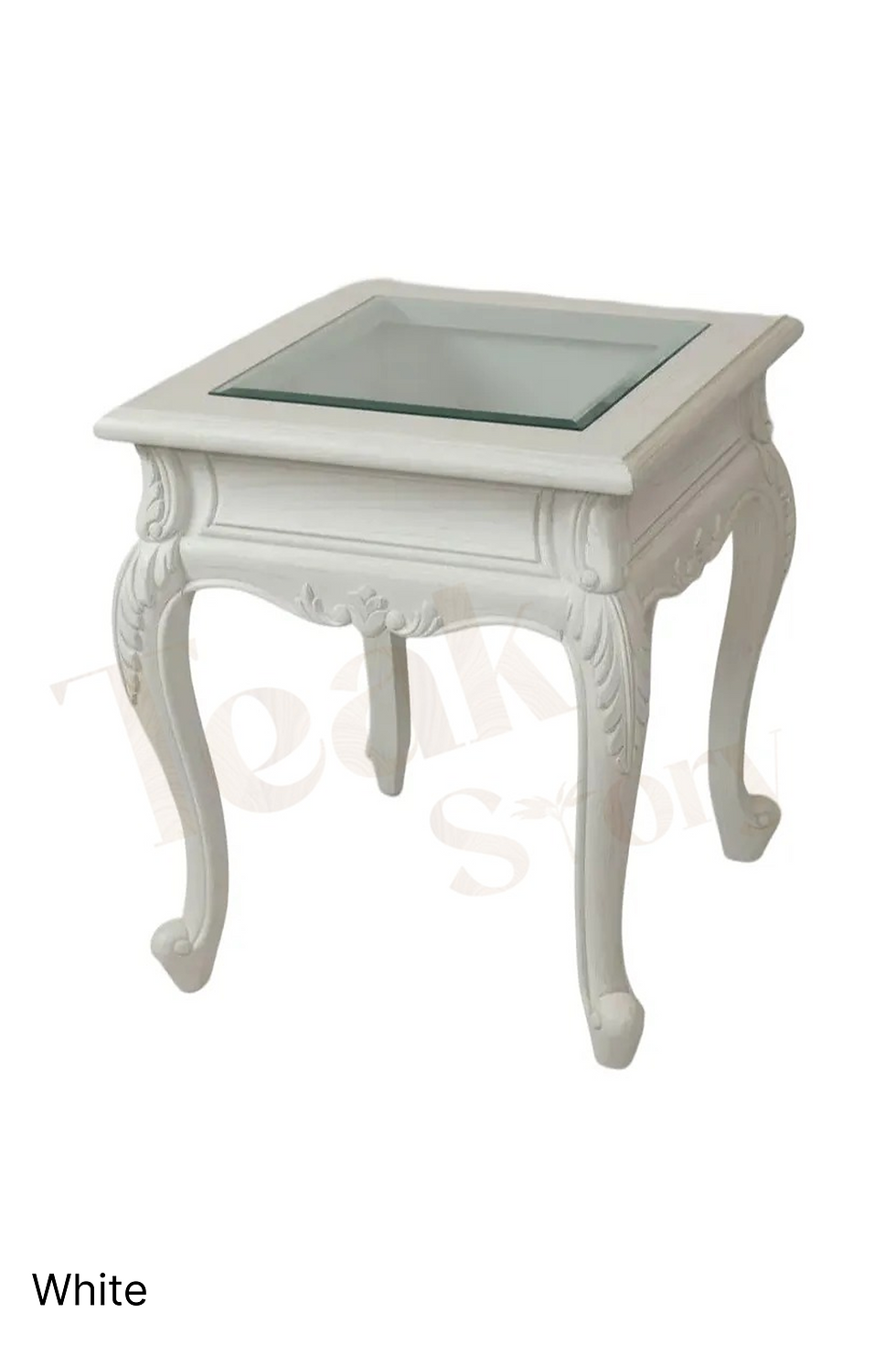 Thumbnail: Handmade Carved Glass Top Square Teak Table