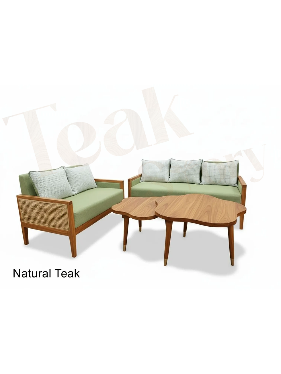 Solid Teak 3+2 Sofa & Asymmetrical Table Set w/ Natural Cane