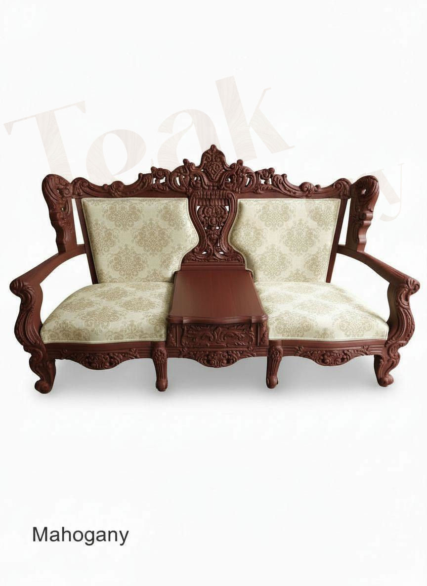 Thumbnail: Luxurious Teak Wood 2-Seater Sofa with Center Console