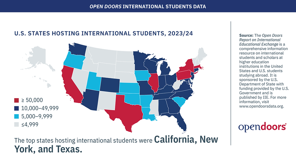 A map of U.S. states hosting international students during the 2023/24 academic year