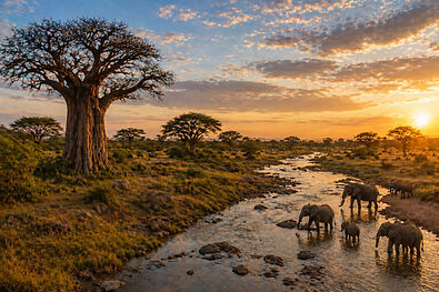 Elefanten im Tarangire Fluss vor Baobab Bäumen im Sonnenuntergang