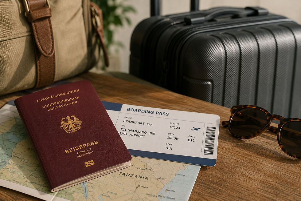 Reisepass, Reiseunterlagen und Koffer als Vorbereitung für die Einreise nach Tansania.