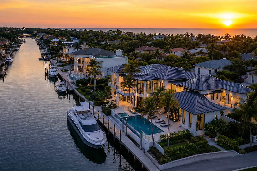 Luxury waterfront estate in Naples Florida at sunset with private yacht dock, deep-water canal access, and modern coastal architecture