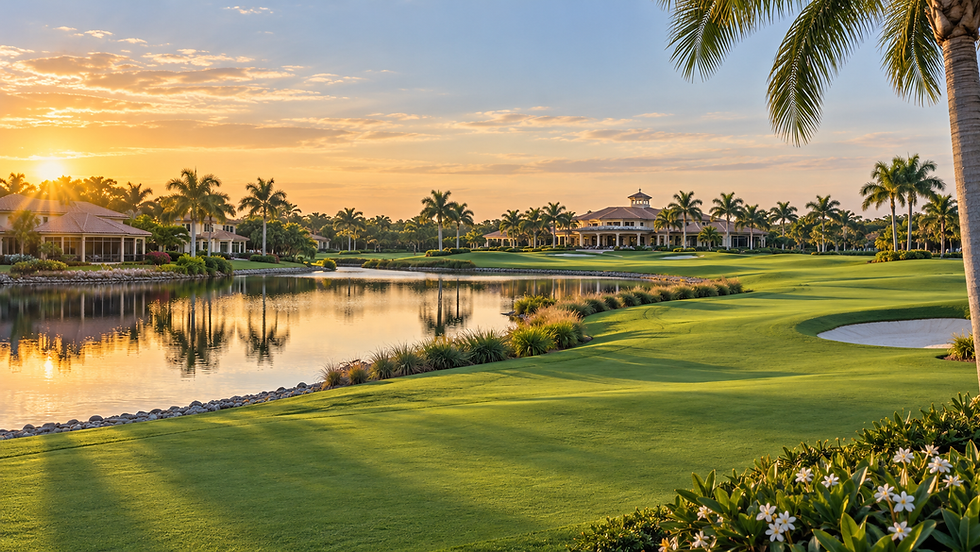 Sunset over a luxury Naples golf community featuring a waterfront fairway, palm trees, manicured greens, upscale homes, and an elegant clubhouse.