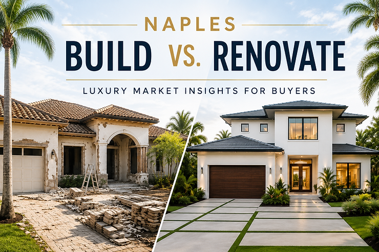 Split view of a Naples luxury home under renovation and a completed modern residence, comparing whether buyers should build new or renovate in 2026.