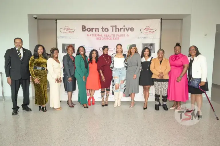 Photo credit: TShivers Media (All of the “Born to Thrive: Maternal Health Panel” Participants L-R: Dr. George Bugg, Marquise Alston-Allison, LaCresha Cunningham, First Lady Sandra Mitchell, Dr. Charis Chambers, Dr. Debra Morton, Shamea Morton, Demetria McKinney, Dr. Karri Bryant, Taylor Alston-Cleveland, Dr. Annise Mabry, Dr. Quantrilla Ard, and Wanda Irving)