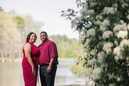 Sadé and De'Marques during their Engagement Session at the lake by the Richmond Marriott Short Pump in Richmond, VA.