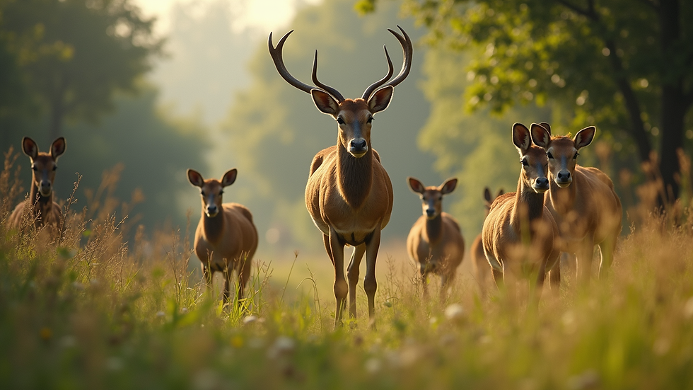 Eye-level view of a wildlife sanctuary with various species in their natural habitat