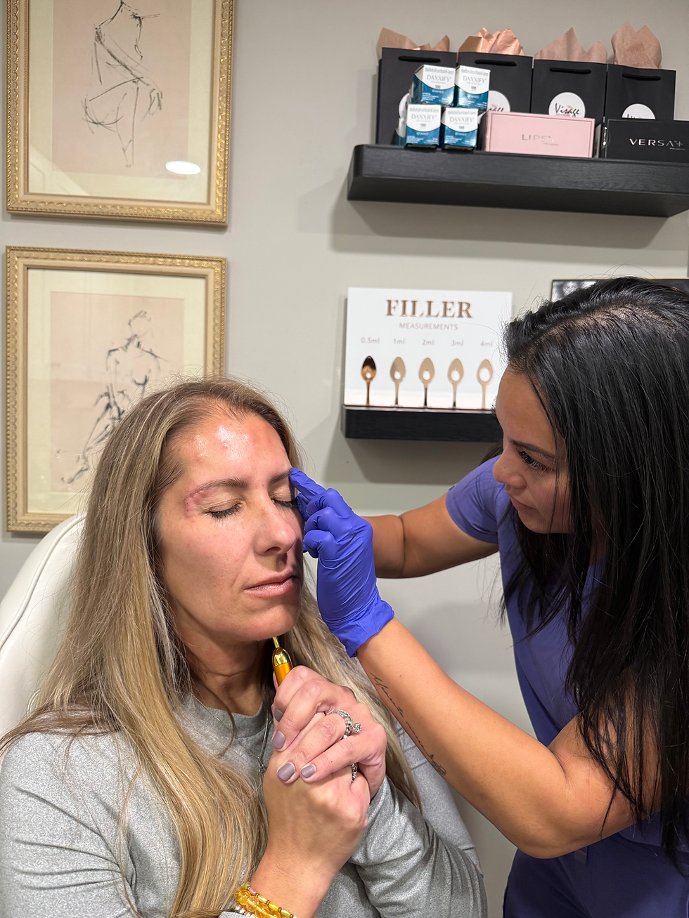 Rhea of Kissed by Rhea injecting Daxxify on Carly of Visage MEDISPA in East Setauket