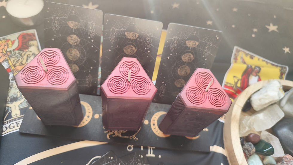 Thumbnail: Red Flame Chakra Tarot Trio - Sun, Moon, Star Pillar Candle Bundle