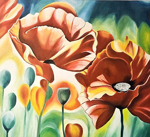 Ein Gemälde von zwei roten Mohnblumen auf einem grünen Hintergrund, das die Schönheit der Natur einfängt und die lebendige Farbenpracht der Natur zeigt. Dekoratives Blumen Kunstwerk, moderne und florale Malerei, Goldlinie kunst, künstlerin sylvana burré