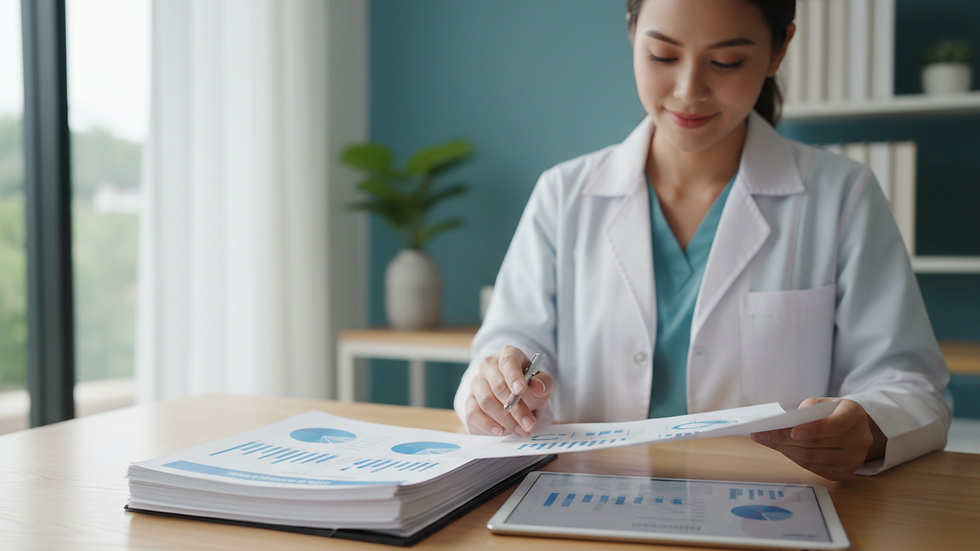 Close-up view of a healthcare professional reviewing financial reports