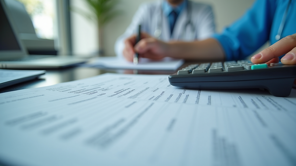 Eye-level view of a medical office with billing documents and a calculator