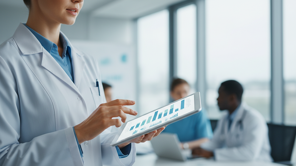 Close-up view of a healthcare consultant presenting data on a digital tablet