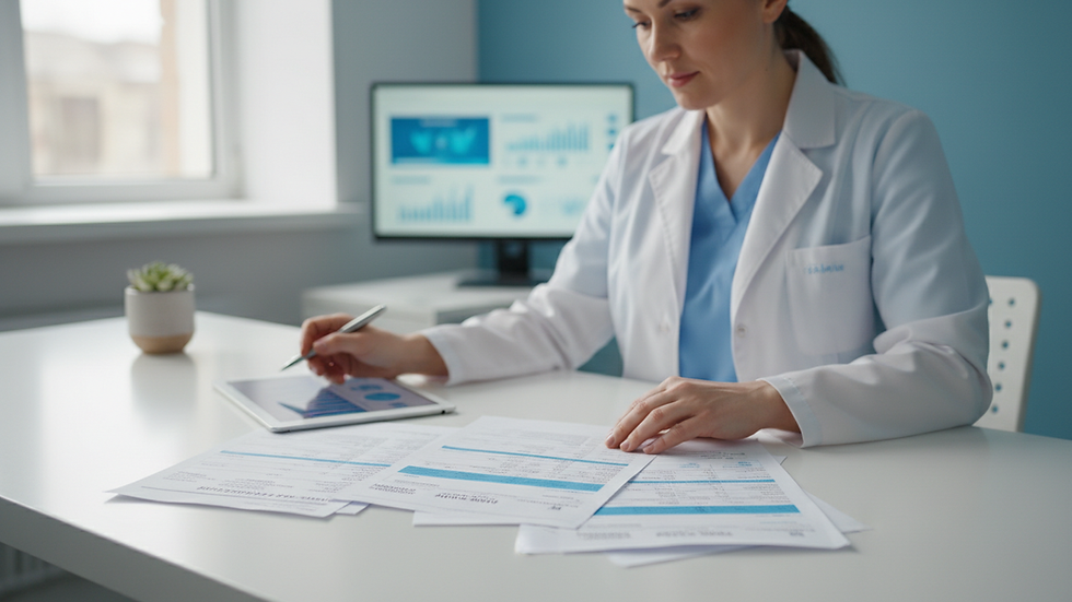 Eye-level view of a healthcare professional reviewing patient billing documents