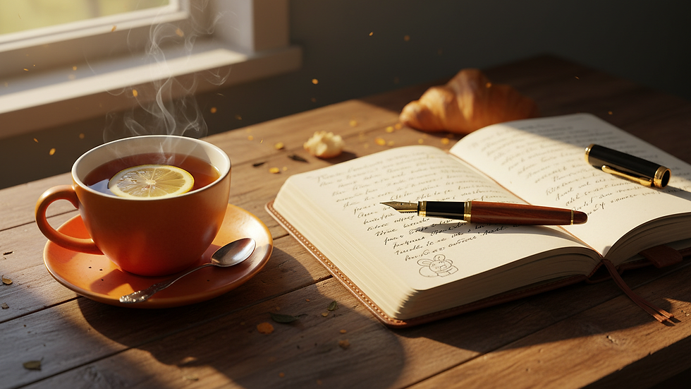 Close-up view of a journal and pen on a desk with a cup of tea