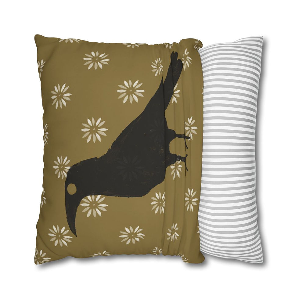 Crow on Petal Stencils Black/ Tan/Gold Square Poly Canvas Pillowcase