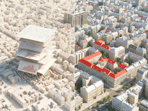Visualisierung einer Stadt: links gestapelte Karten, Pläne und Diagramme als Symbol für fragmentierte Bewertungsdaten, rechts ein hervorgehobenes Gebäude als Ergebnis datenbasierter Immobilienentscheidung.