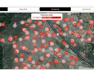 AI-powered urban heat map visualizing city development potential, showing zoning, building density, and land use intensity in a color-coded spatial overlay.
