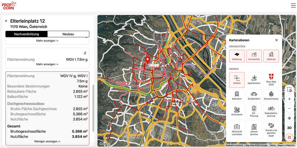 Screenshot der PROPCORN AI Plattform: interaktive Karte mit aktivierter Kartenebene zur Analyse von Standortfaktoren bei der Immobilienbewertung