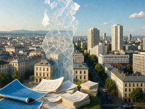Stadtansicht mit Bauplänen im Vordergrund und abstrakter Darstellung urbaner Komplexität, die die Grenzen traditioneller Bewertungsmodelle verdeutlicht