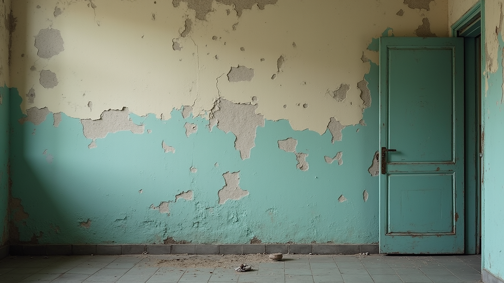 Close-up view of a damp wall with peeling paint