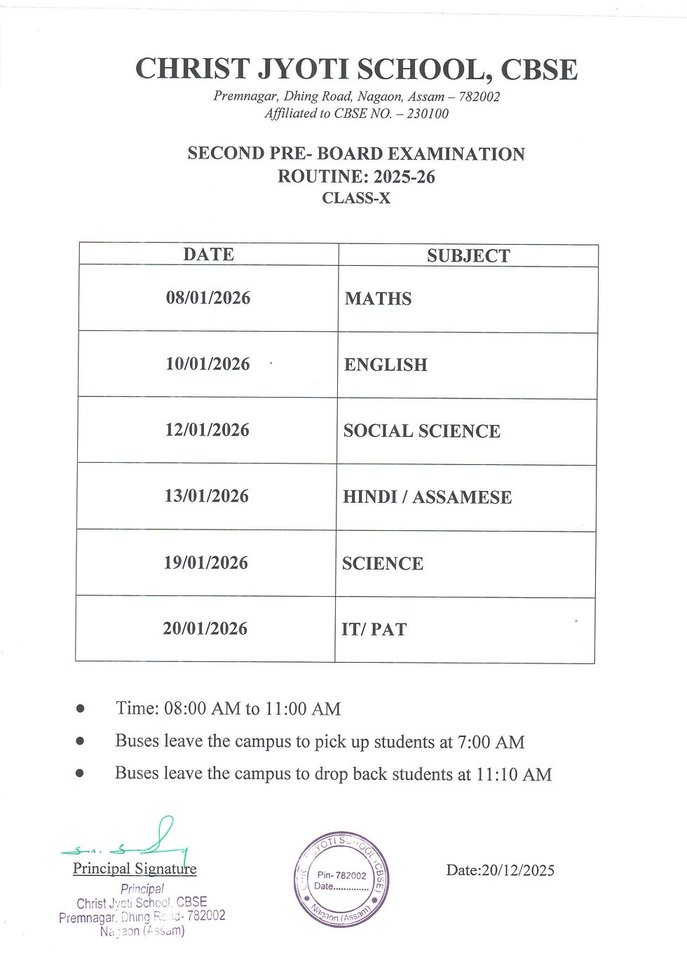 Class X – 2nd Pre-Board Examination Timetable Session: 2025–26