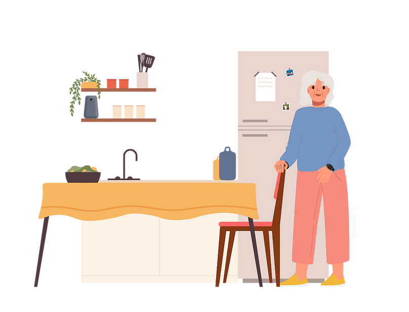 illustration d'une grand-mère dans sa cuisine avec un bouton de téléassistance