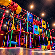 Parque infantil multicolor bajo focos industriales.png
