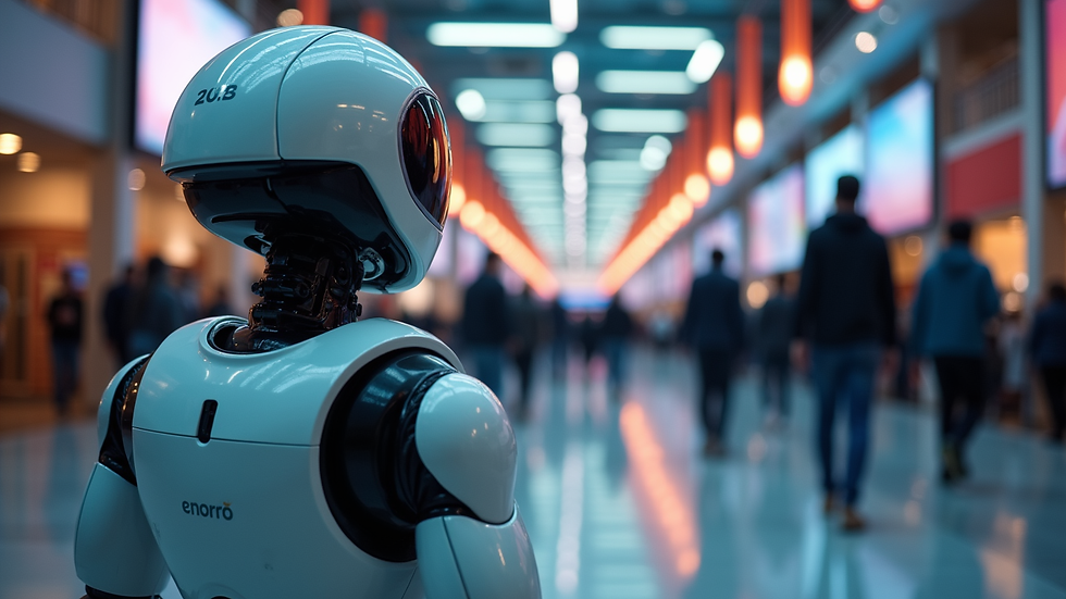 Close-up view of a service robot navigating through a busy event venue