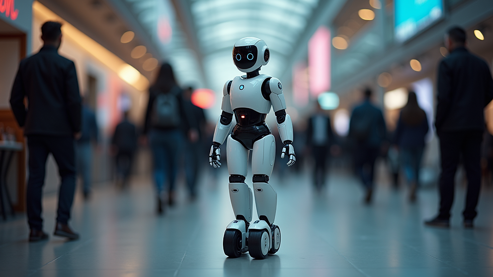 Close-up view of a service robot navigating through a busy event venue