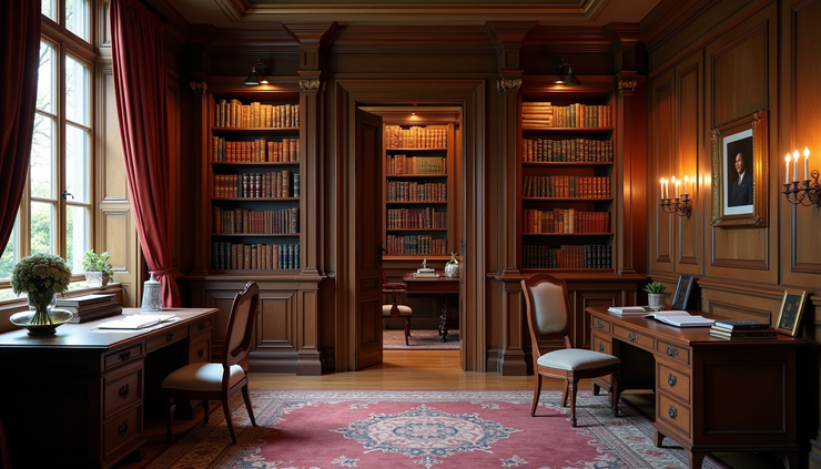 Eye-level view of an 18th-century private library with hidden bookshelf door slightly ajar