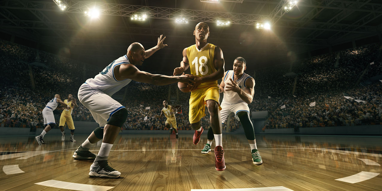 Basketball players on big professional arena during the game. Tense moment of the game. Ma